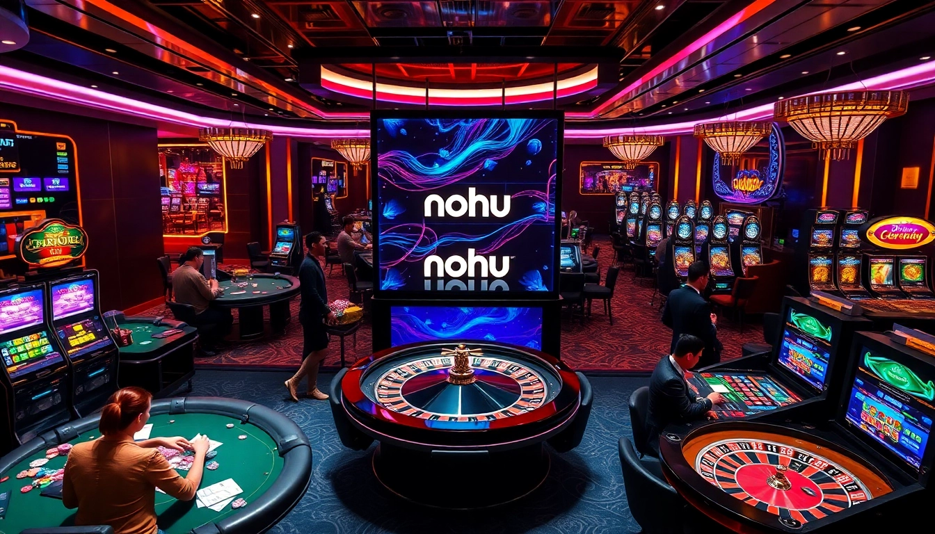 Nohu online gaming experience with vibrant casino tables, colorful chips, and excited players.