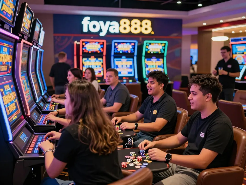 Exciting casino scene highlighting foya888 with players enjoying slot machines and vibrant atmosphere.
