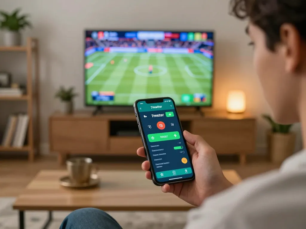 Engaging in Livechat 7meter while placing bets on a smartphone in a cozy home setting.