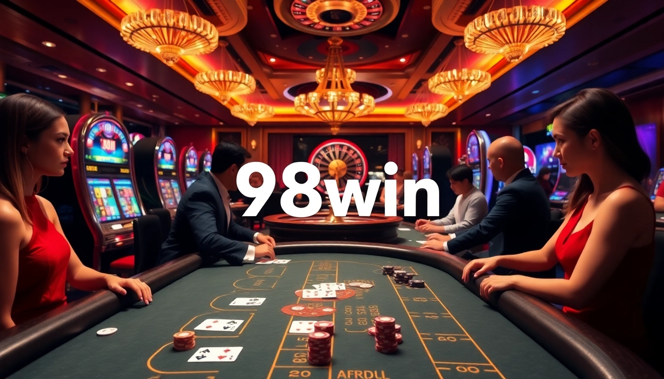 Exciting Blackjack and Poker games at 98win casino, featuring luxurious tables and vibrant slot machines.