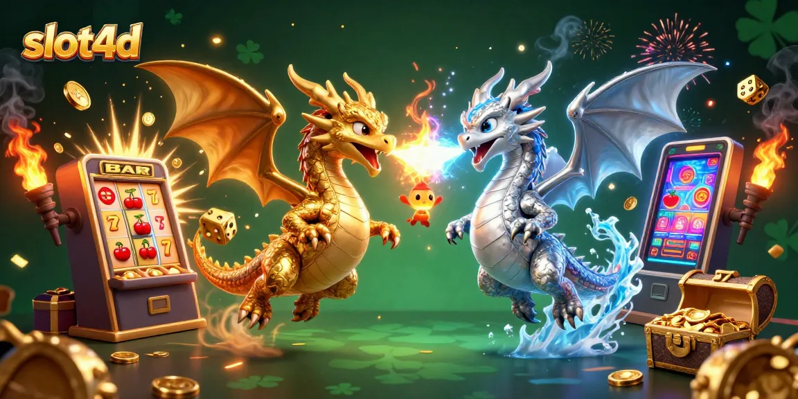 Experience thrilling action with slot4d as twin dragons battle fire and ice amidst a colorful casino backdrop.