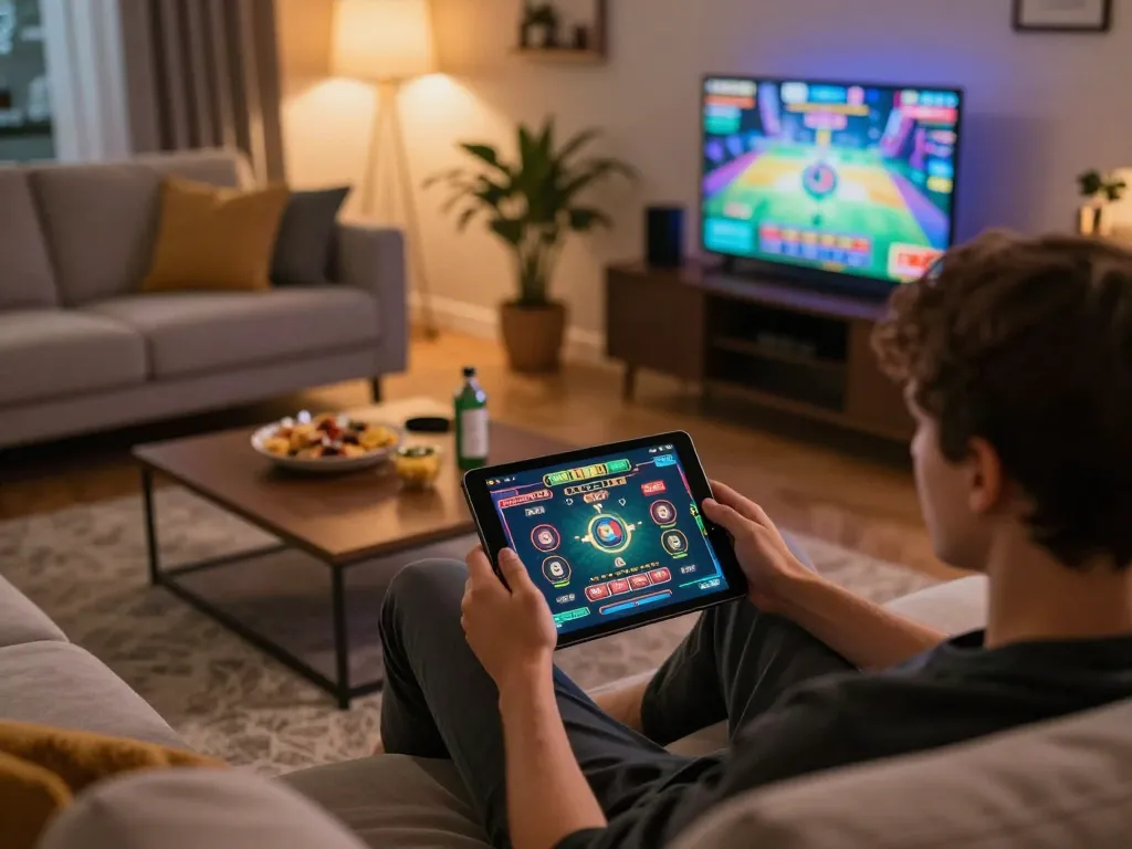 Player enjoying okking online casino game at home with tablet and snacks