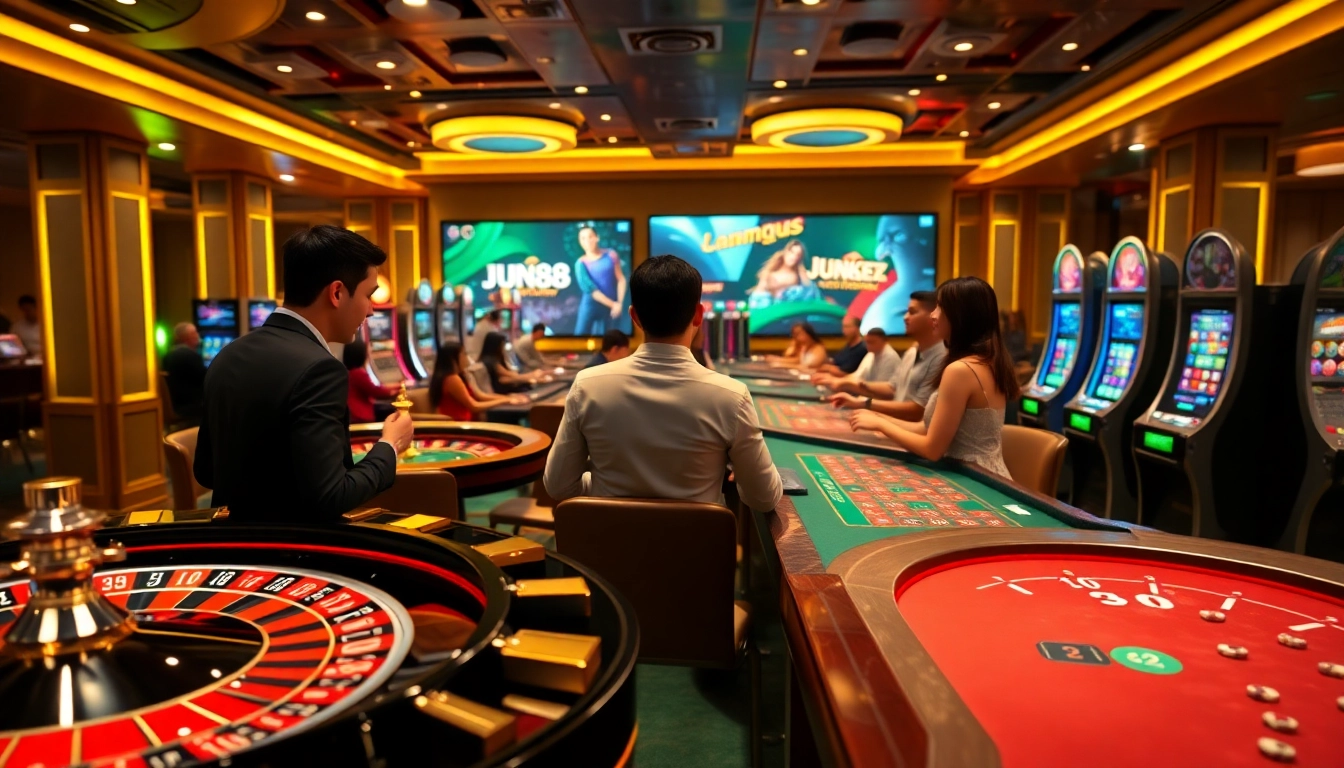 Jun88 players engaging with vibrant casino games in an exciting environment