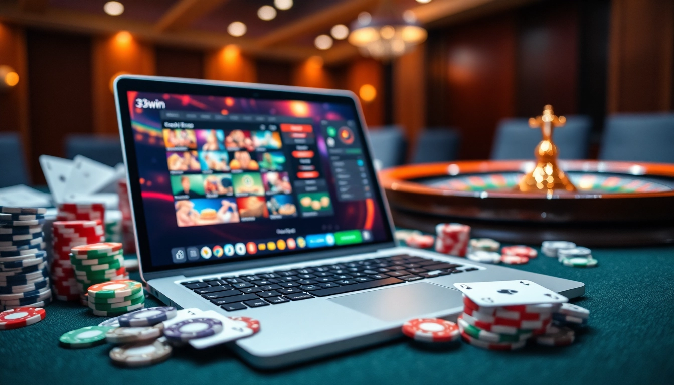 Engaging online gaming scene showcasing 33win with casino elements and modern tech.