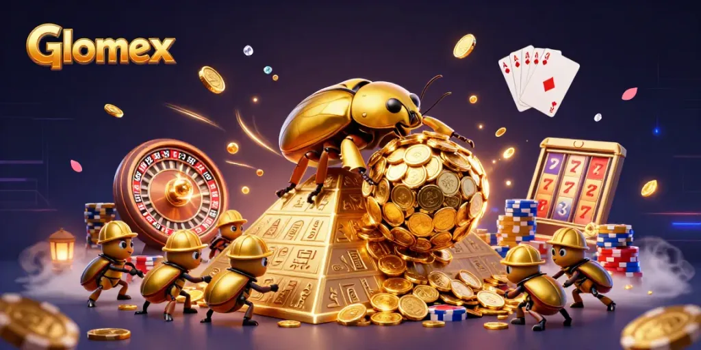Glomex showcases dynamic casino excitement with a golden dung beetle amidst cascading coins and poker elements.
