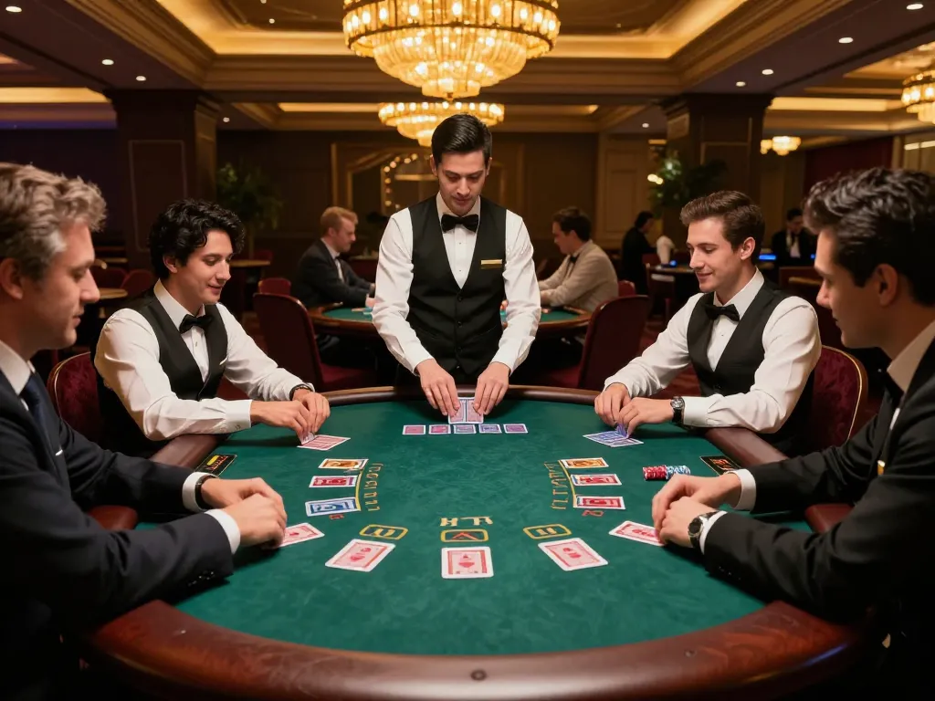 Pemain AJAIBTOTO terlibat dalam permainan blackjack yang intens di kasino mewah.