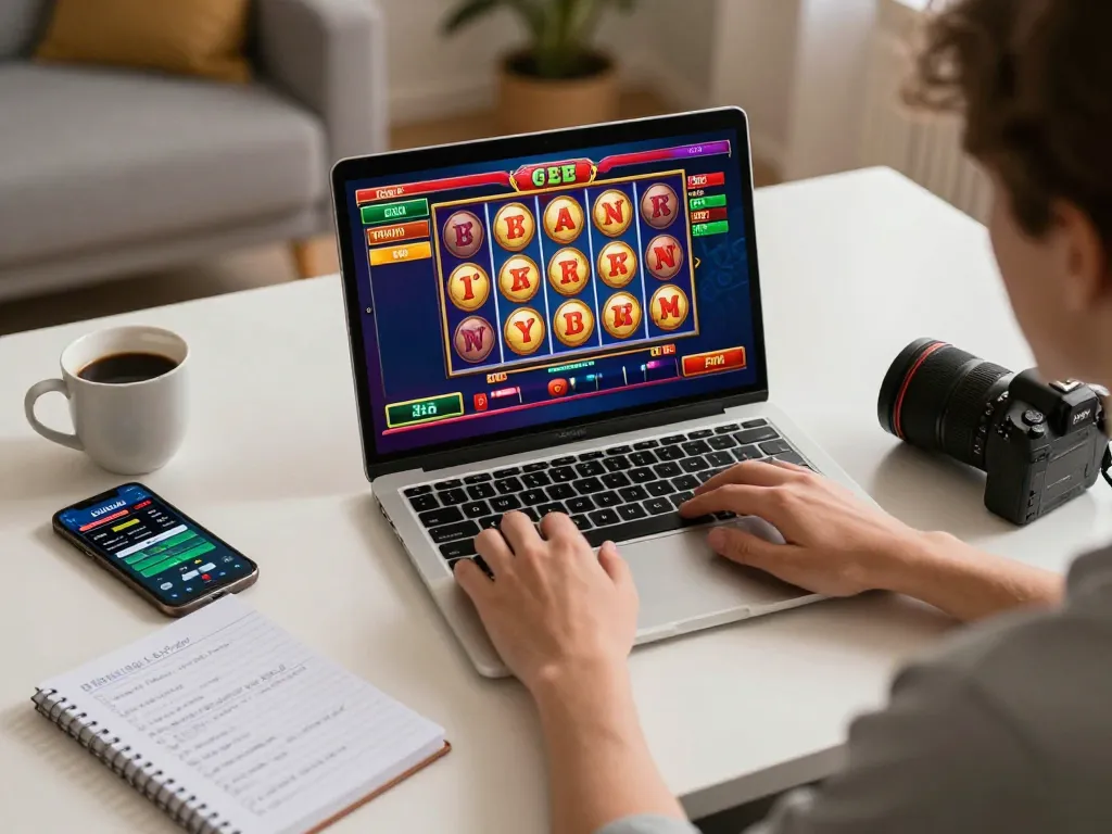 Player engaging with xo88 slot game interface on laptop, highlighting strategic gameplay.
