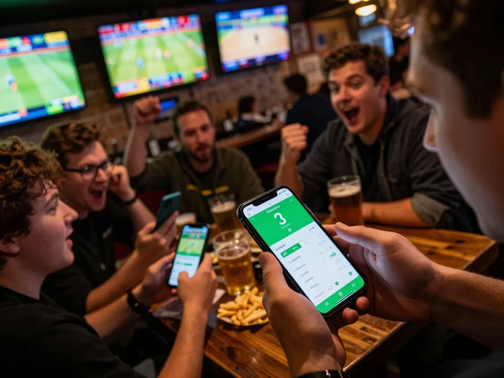 Fans excitedly using the debet app for live sports betting at a bustling sports bar.