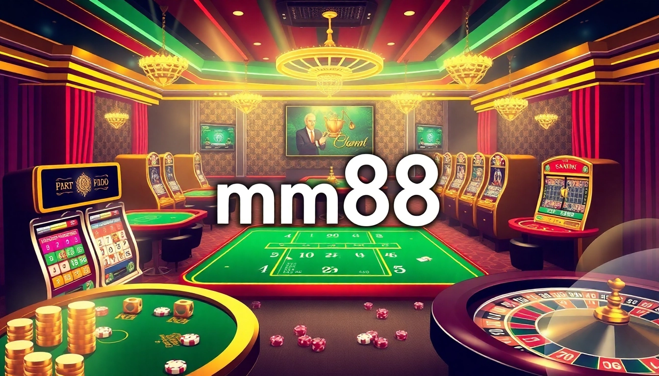 Engaging scene with mm88 branding at a luxurious casino, featuring vibrant slot machines and poker chips.
