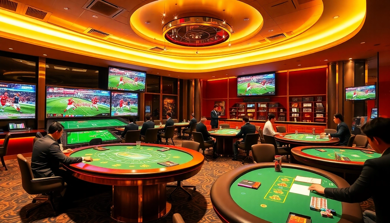Exciting Judi Bola betting scene featuring live football matches and casino elements.
