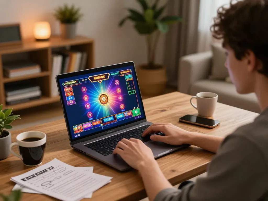 Terlibat dalam sesi slot online dengan antarmuka yang cerah di laptop.