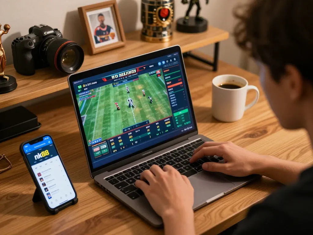 Engaged bettor analyzing live scores and nk88 app on a laptop during an online sports betting session.