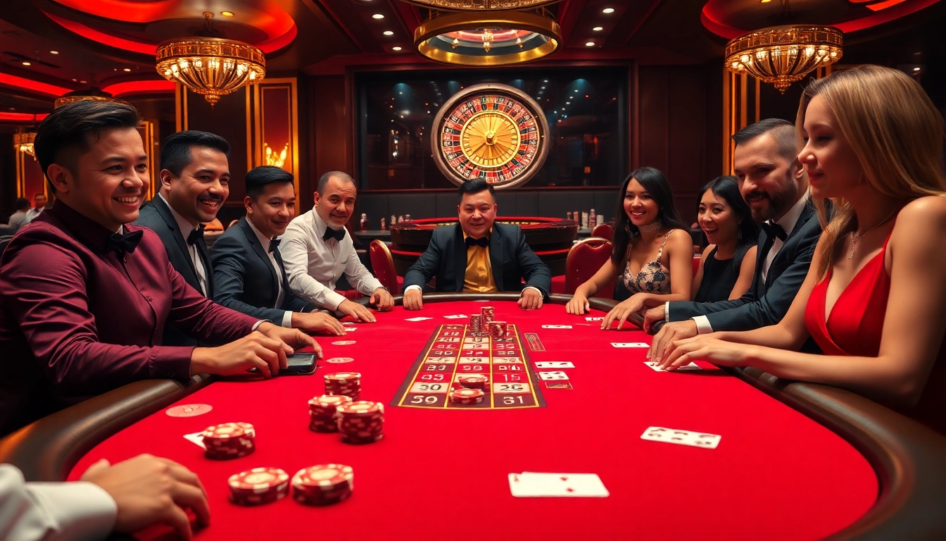 Experience the excitement of Rikvip with players engaged in a thrilling poker game in a luxurious casino setting.