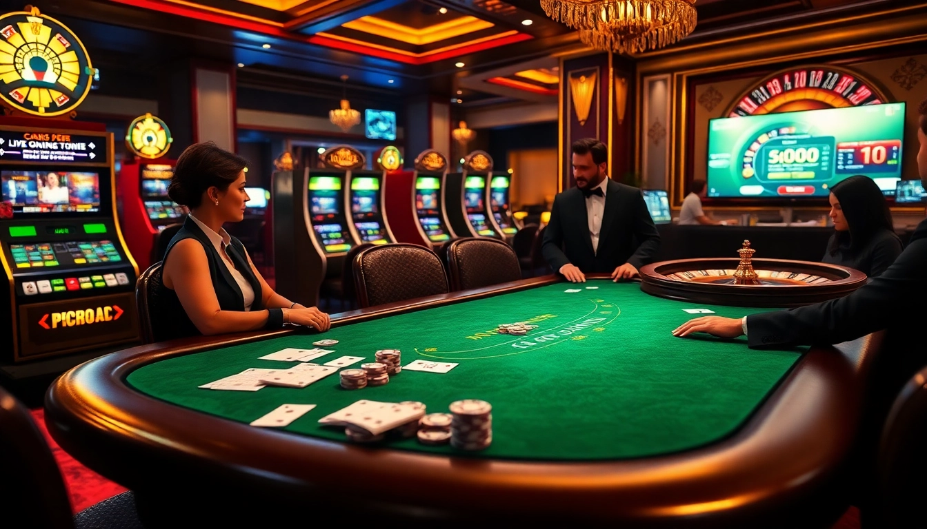 Players strategize at a SODO CASINO poker table with vibrant slot machines in the background.