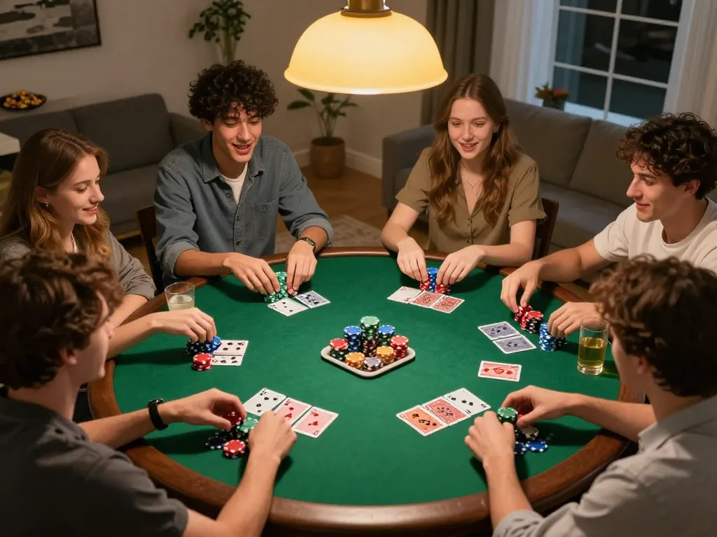 Friends participating in a lively poker game at home, highlighting Bsport’s social gambling atmosphere