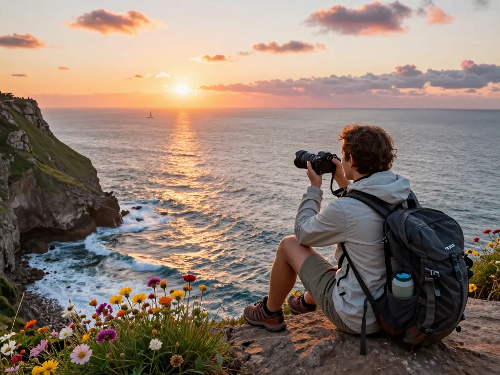 Traveler at scenic cliff capturing the sunset view with Fly88 spirit of adventure and exploration.