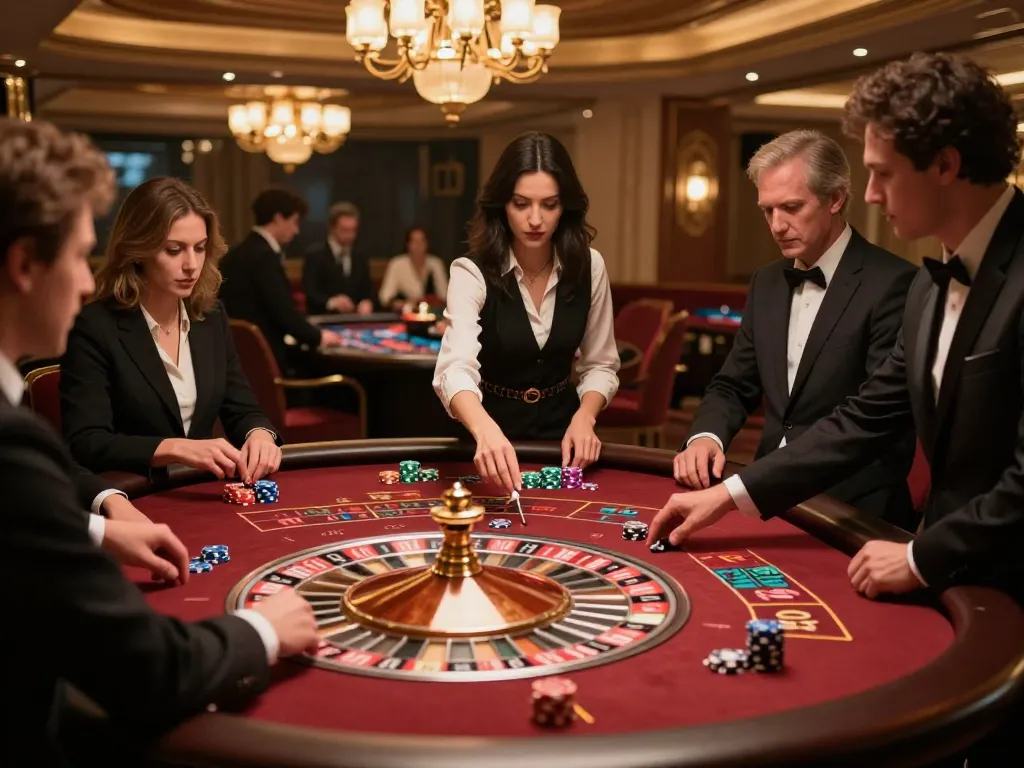 Togel88 Login Link Alternatif at an upscale roulette table with players placing bets and croupier spinning the wheel.