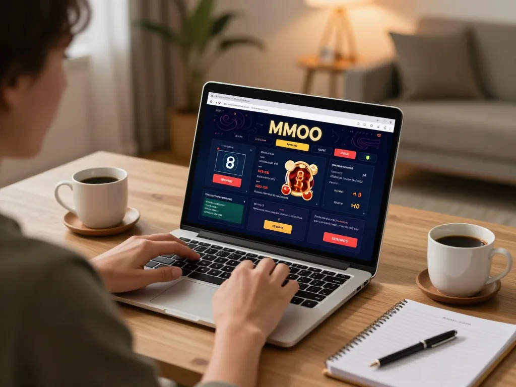 User engaging in online gaming at MMOO with personalized strategy notes and betting interface in a warm, inviting home office.