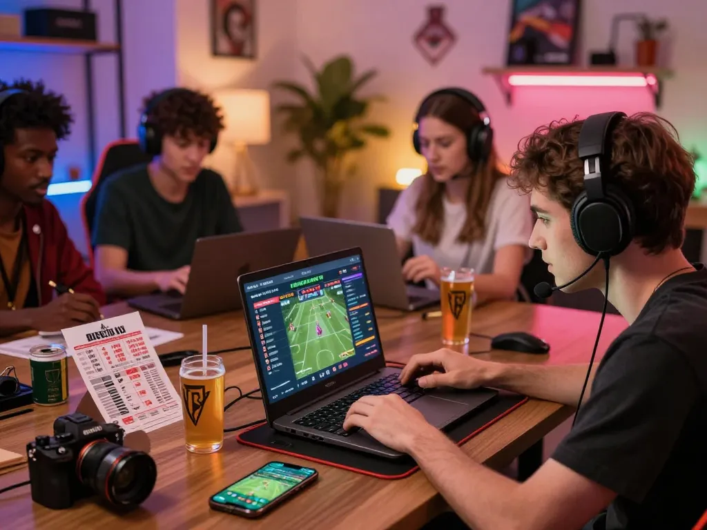Players engaging in thrilling online betting on TV88 platform with laptops and digital gear.