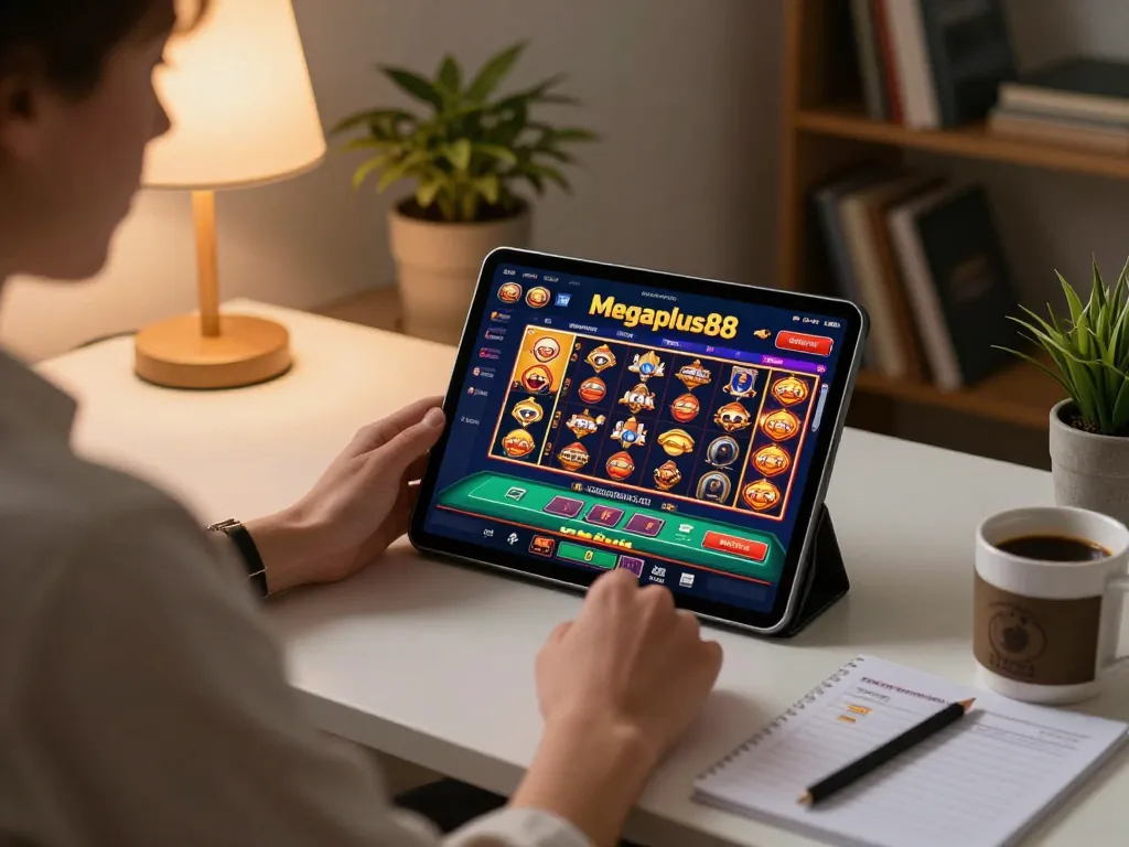 Engaging online gaming on Megaplus88 with vibrant graphics and strategic notes.