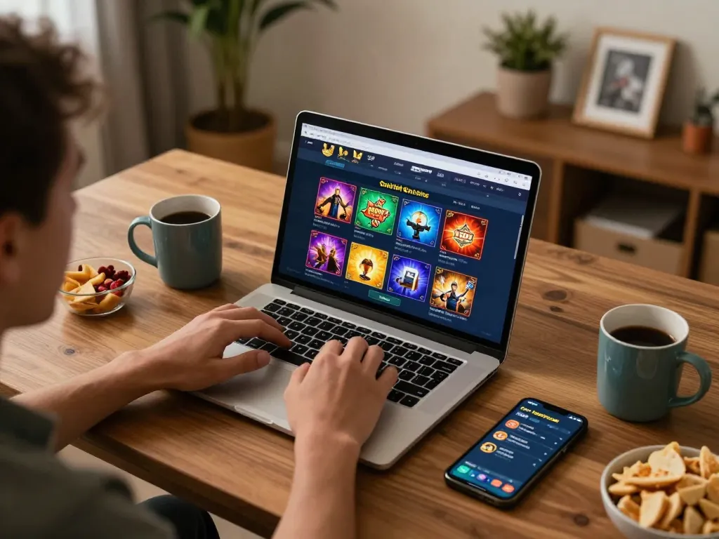 Engaged player using laptop for South African Online Casinos at a cozy home setup with snacks and drinks