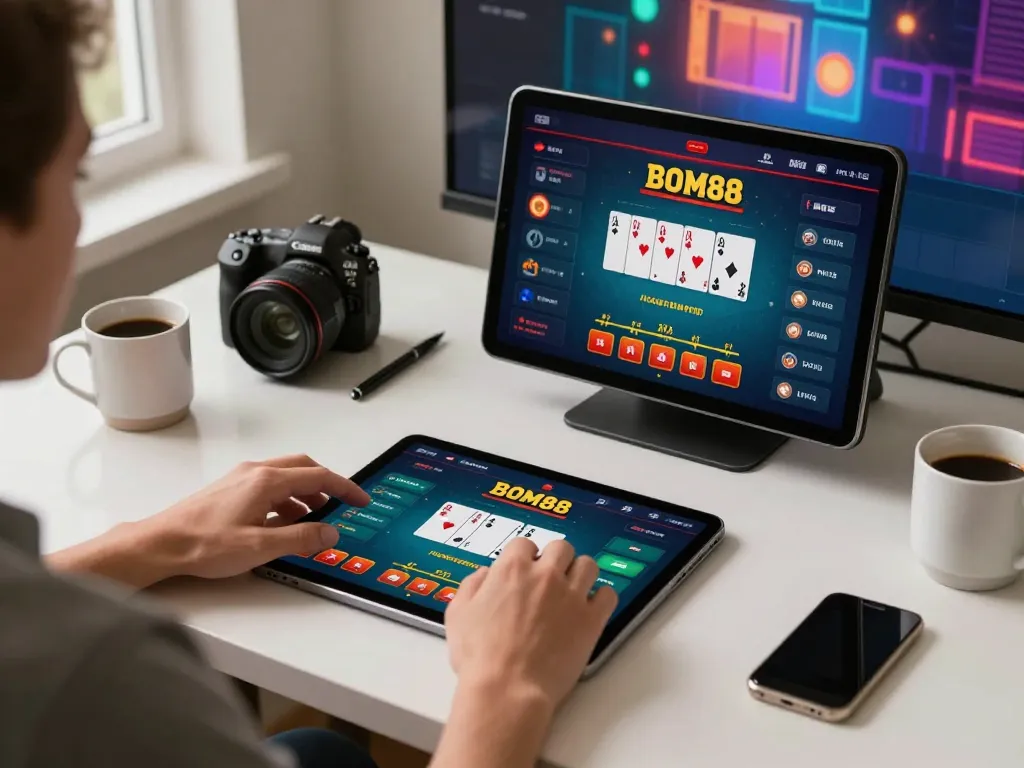 BOM88 pengalaman bermain di tablet yang menampilkan aksi poker dalam suasana rumah yang nyaman.