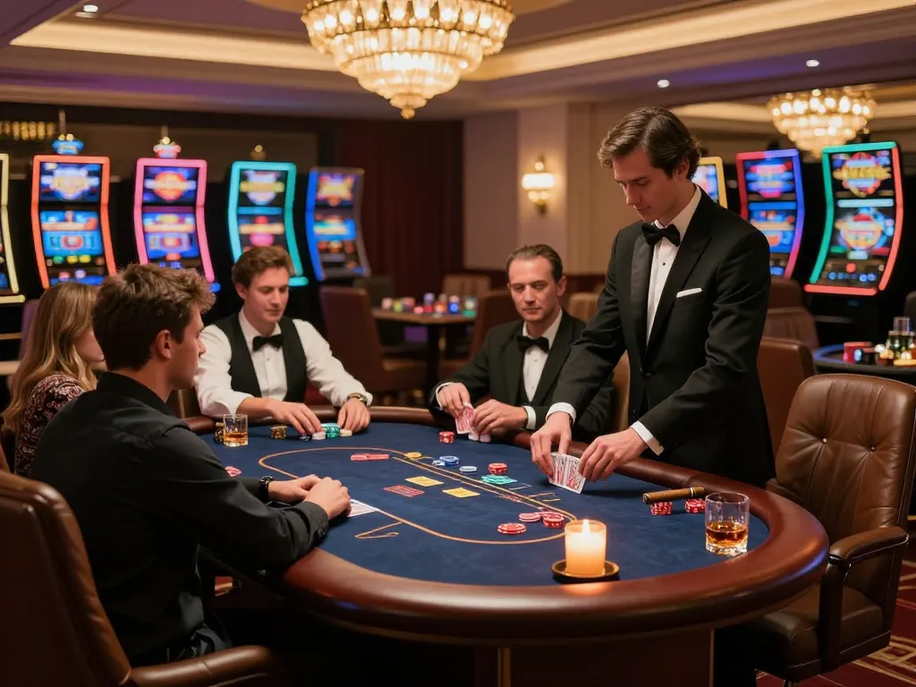 KDslot players enjoying an exclusive poker game in a luxurious casino setting with sophisticated ambiance.
