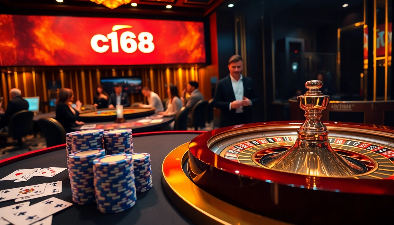 Experience the excitement of nhà cái c168 with a vibrant casino table showcasing poker chips and roulette.