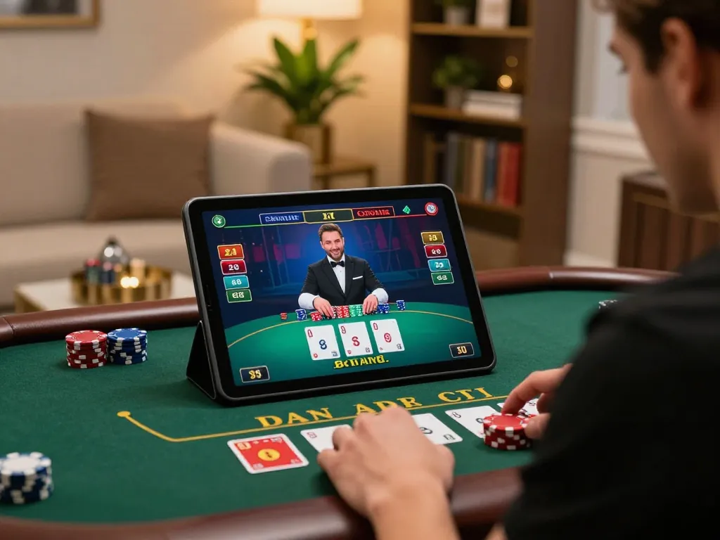 Nohu90 player enjoying live dealer blackjack on tablet, immersed in luxury home gaming.