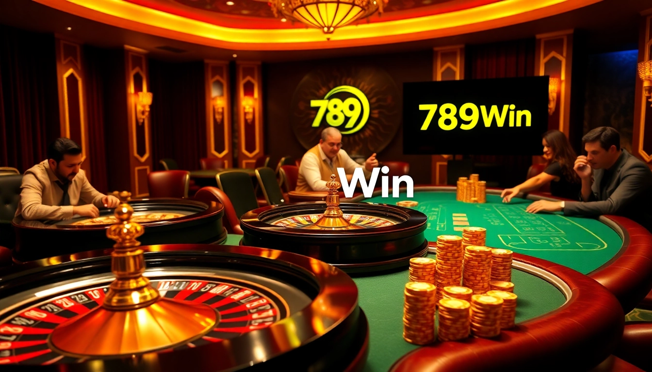 Experience the excitement of gambling at 789Win with a stylish casino scene featuring roulette and poker.