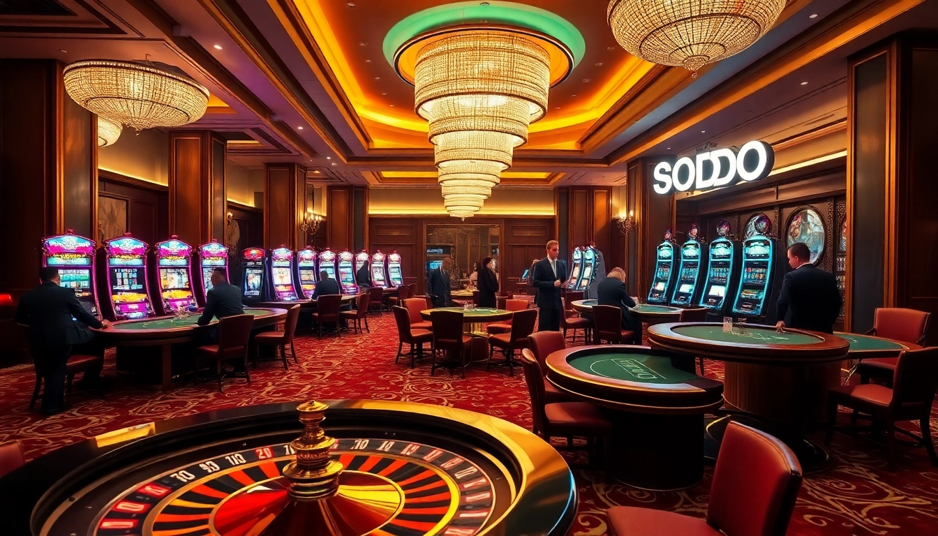 SODO-themed casino scene showcasing high-stakes poker tables and vibrant slot machines for players.