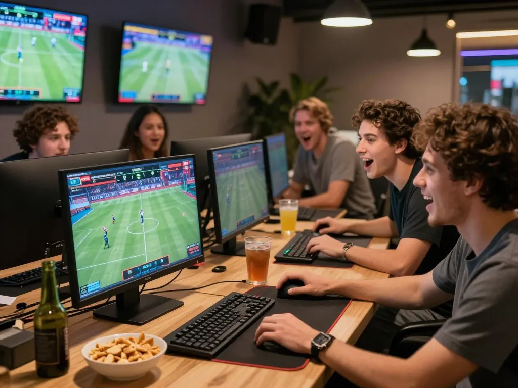 Energetic online betting scene with friends placing debet bets on live sports.