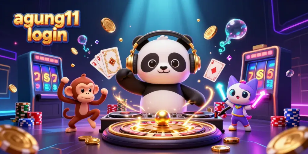Visualisasi agung11 login dengan panda DJ, kucing dan monyet dalam aksi kasino.