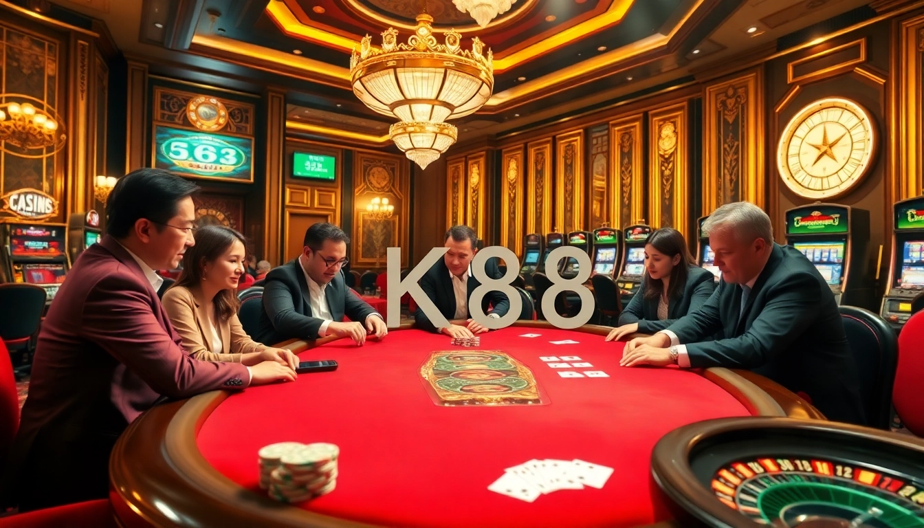 Players experience excitement at GK88 casino's luxurious poker table with chips and cards.