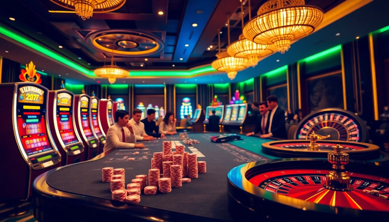 Players enjoying an exciting game at mi88, showcasing poker chips and slot machines.
