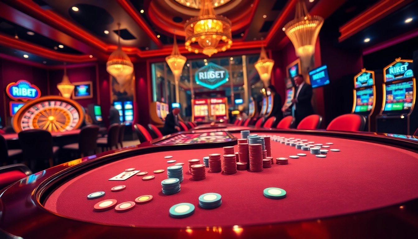Experience thrilling gambling action at rikbet's exciting casino tables, showcasing vibrant poker games and slot machines.