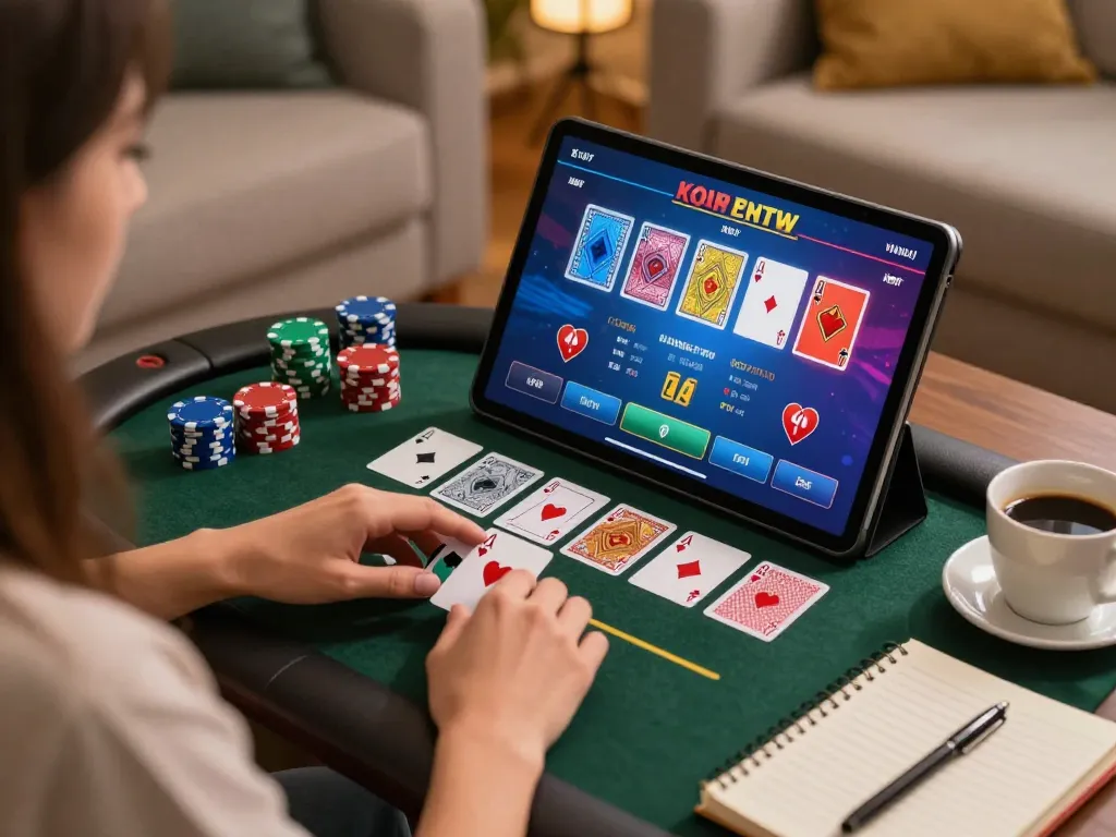 tip88 user engaging in exciting online poker gameplay on a tablet in a cozy home setting
