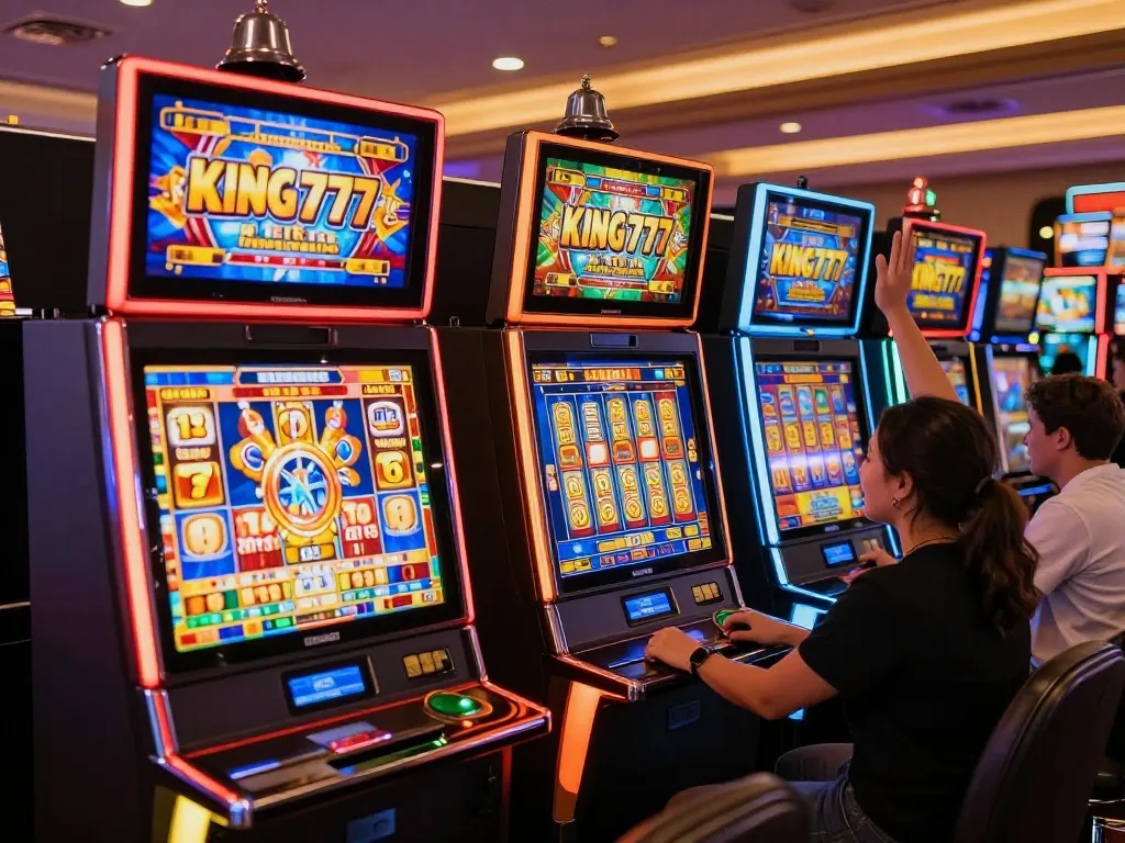 Pemain merayakan kemenangan di mesin slot king777 yang berwarna-warni dalam suasana kasino yang semarak