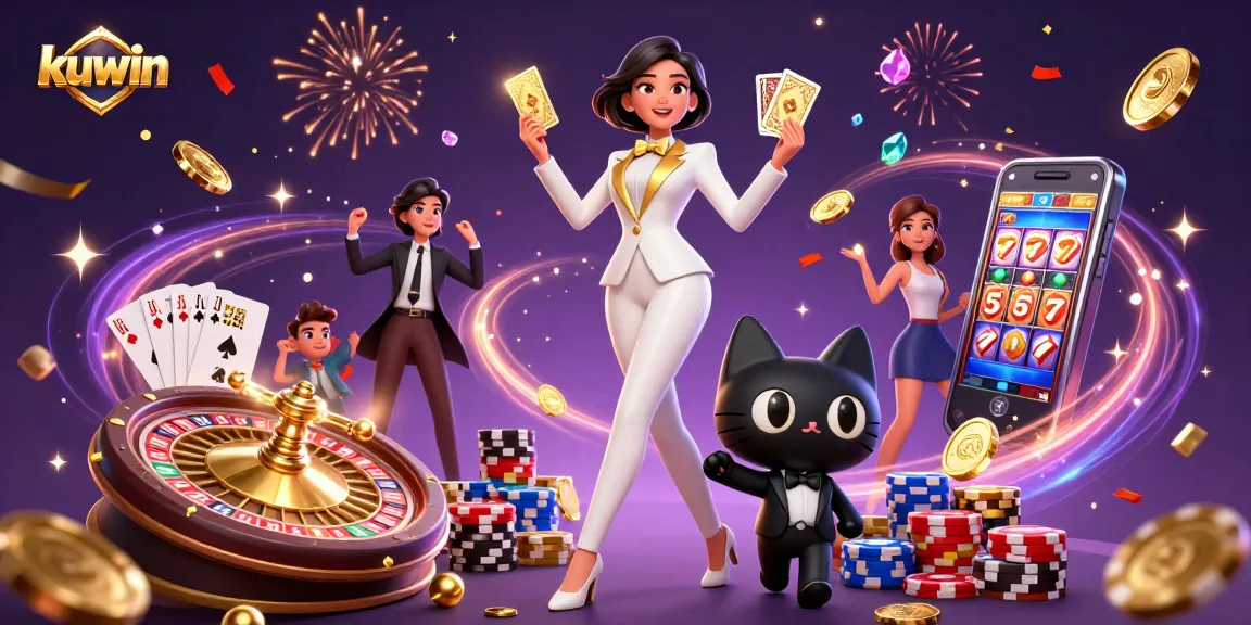 Kuwin invites players to enjoy a thrilling gaming experience with shuffling cards and colorful casino elements in the backdrop.