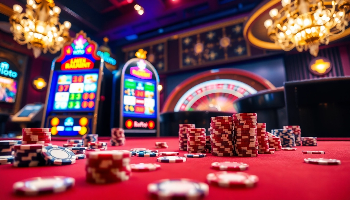 Pemain M1TOTO menikmati pengalaman kasino yang seru dengan mesin slot dan chip poker.