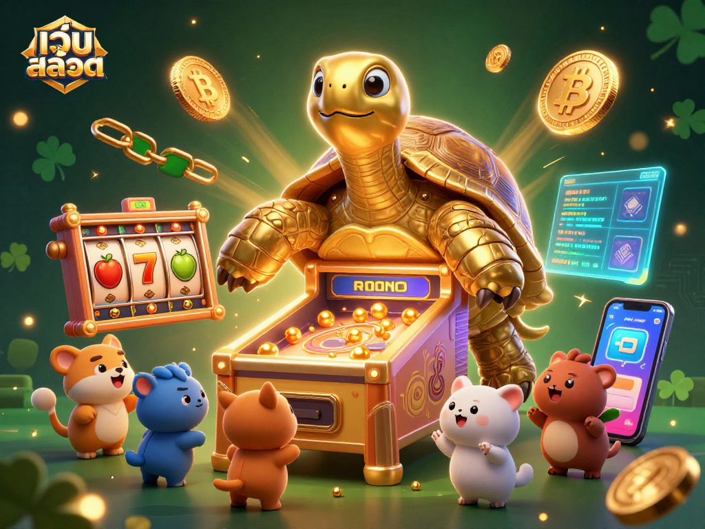 Engage with เว็บสล็อต showcasing vibrant slot games and crypto elements in a cartoon-style 3D scene.