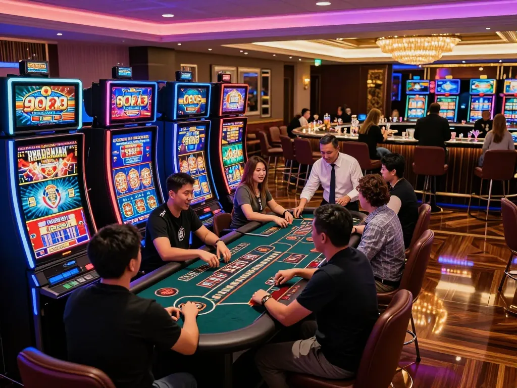 Exciting scene at nhà cái go8 with players engaging in vibrant slot machine games in a luxurious casino atmosphere.
