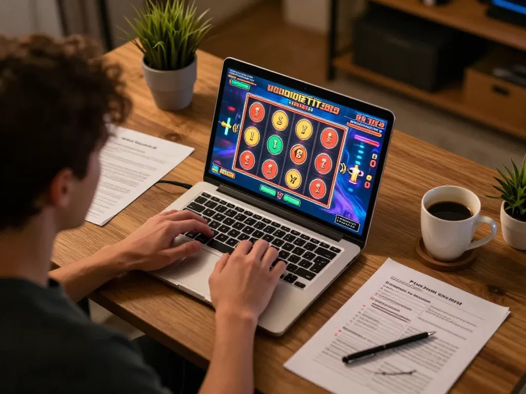 Player engaging with ADOBET88 slot gaming on laptop, showcasing vibrant graphics and strategic notes.