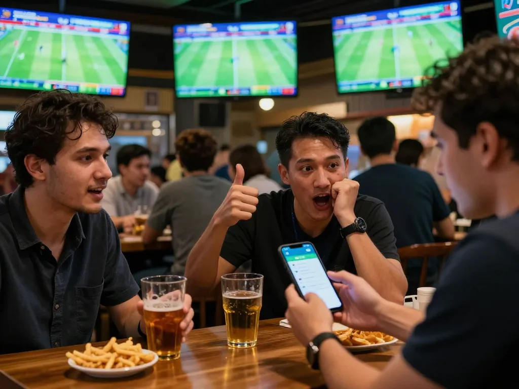 Soi Kèo sports betting excitement at a lively bar with enthusiastic bettors checking scores.