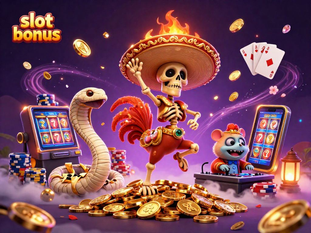 Celebrate with a slot bonus as a vibrant mariachi rooster dances amid casino riches.