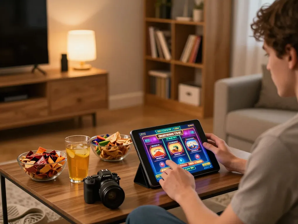 Playing luckywin slots on a tablet during a cozy home gaming night