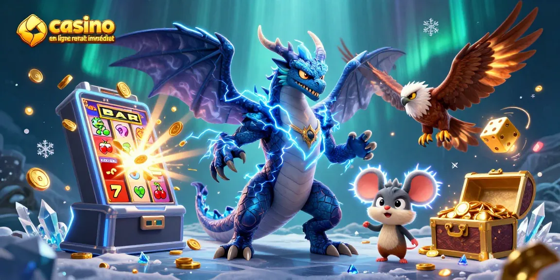 Découvrez l'excitation du casino en ligne retrait immédiat avec des dragons 3D vibrants et des éléments de jeu.