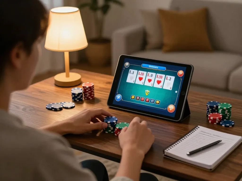 Engaging gameplay at home with a tablet featuring trang chu lc88 poker interface, showcasing strategic betting elements