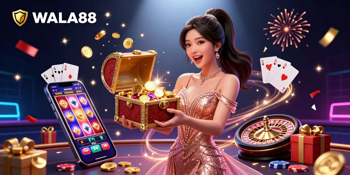 Experience thrilling gambling excitement with WALA88, featuring a joyful woman and treasures of gold.