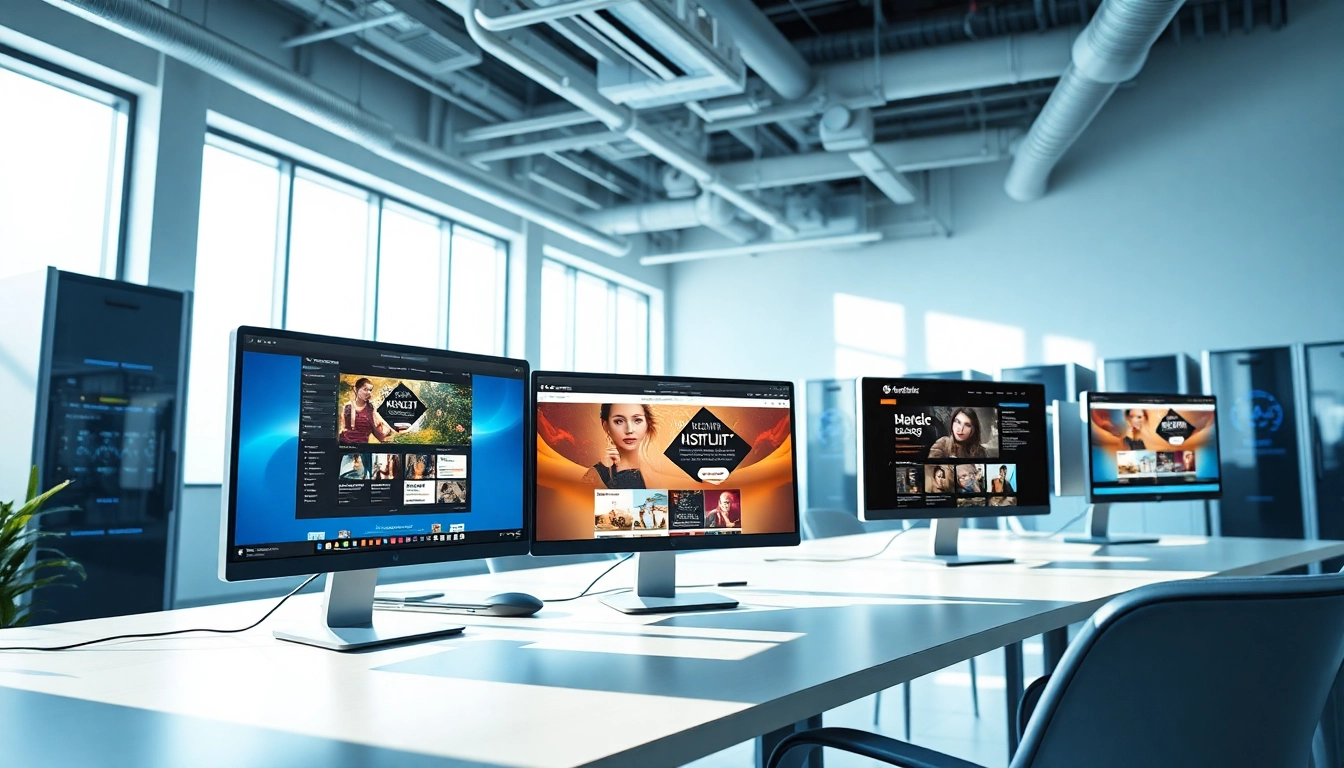 Presenting adult website hosting services in a modern office with vibrant website designs.